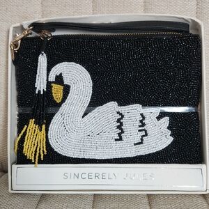 Sincerely Jules Black and White Swan Beaded Wristlet